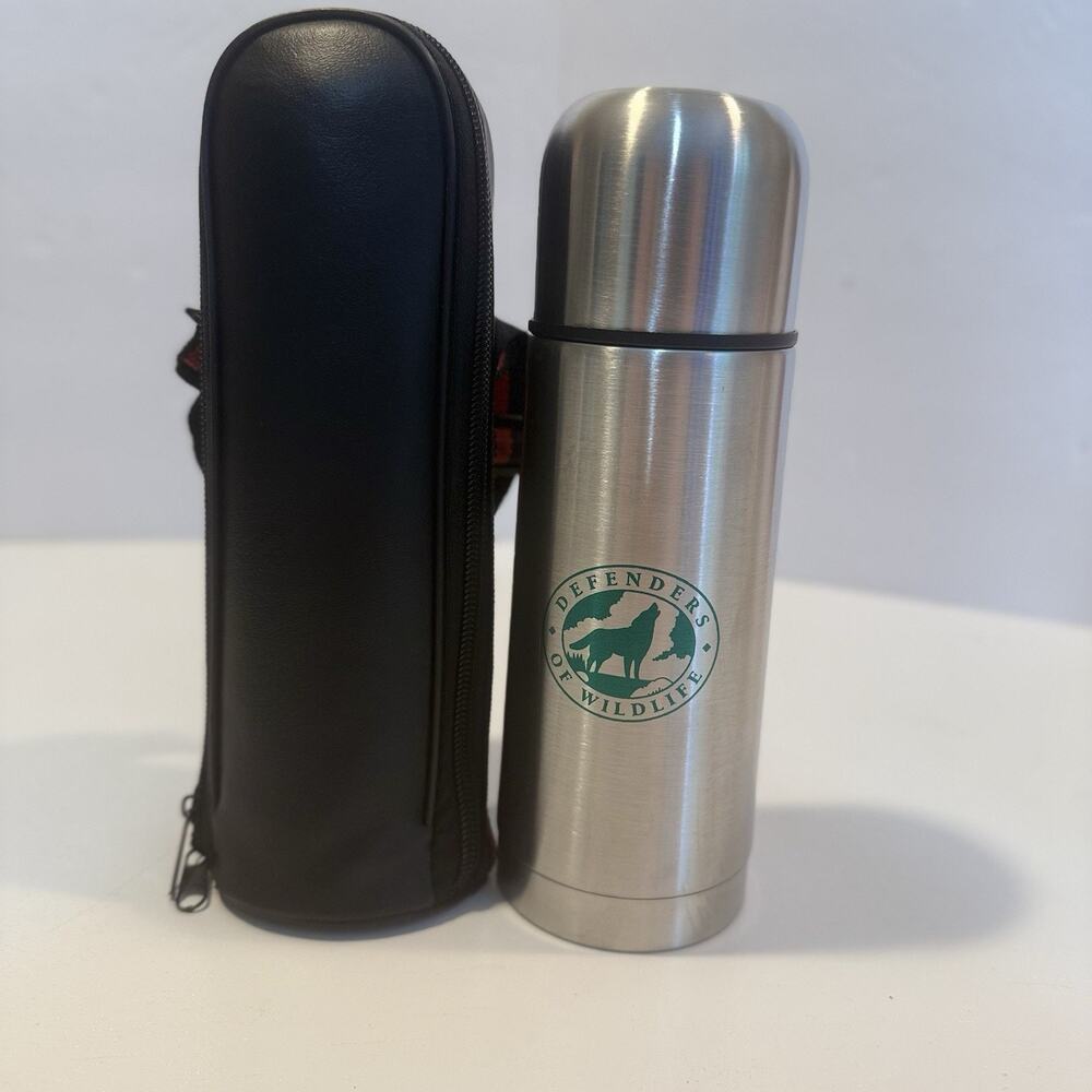 Stainless Steel Thermos Bottle w/ Black Carrying Case Defenders Of Wildlife NEW